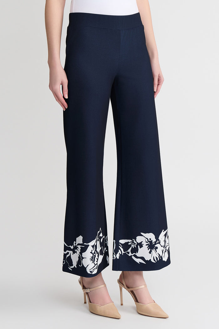 Stretch Deco Crepe Floral Print Wide-Leg Pants, Indigo/White | Ming Wang