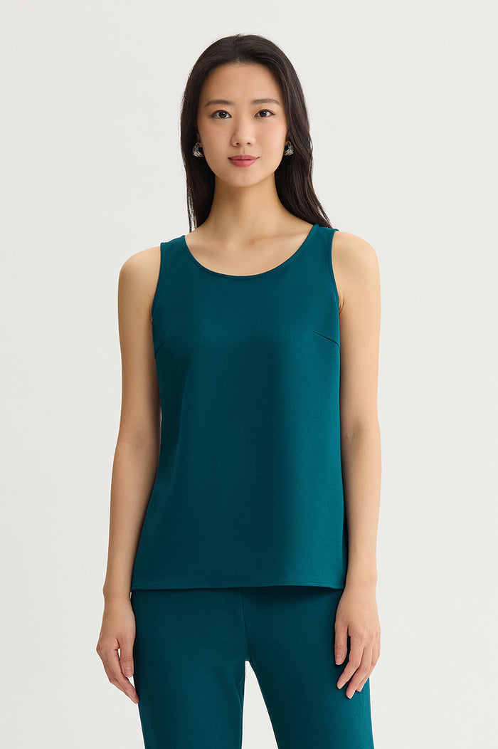 Stretch Deco Crepe Scoop Neck Tank, Deep Teal, Deep Teal | Ming Wang