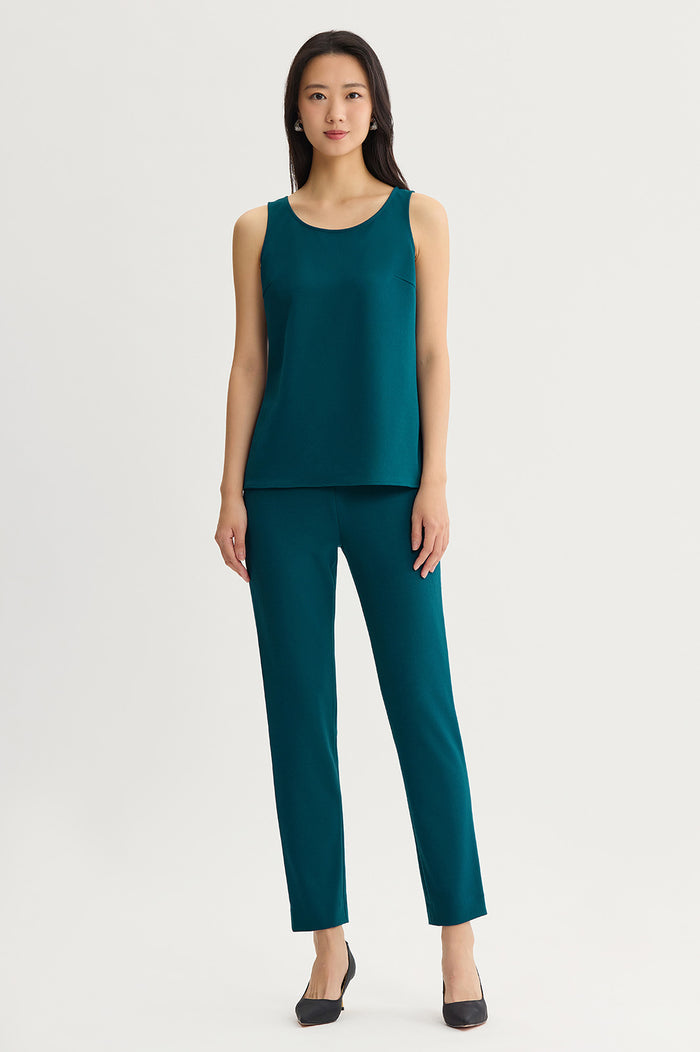 Stretch Deco Crepe Scoop Neck Tank, Deep Teal, Deep Teal | Ming Wang