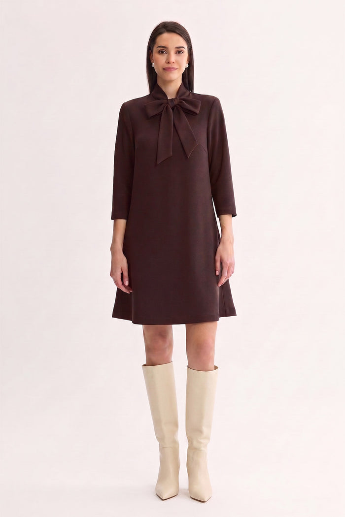Stretch Deco Crepe Tie-Neck Tent Dress, Dark Umber, Dark Umber | Ming Wang