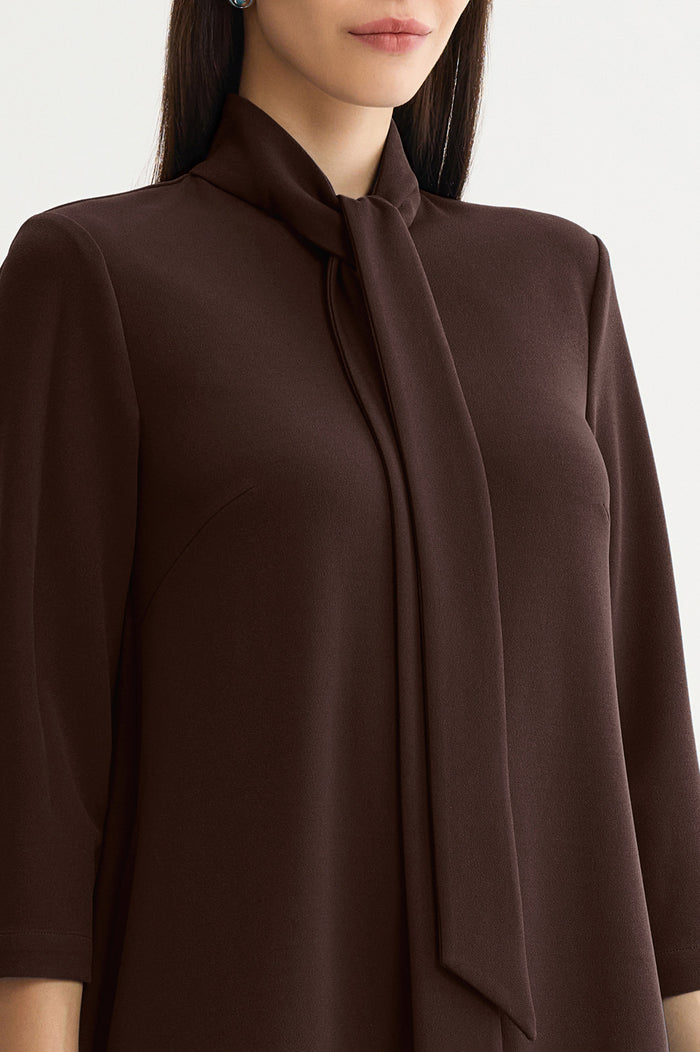 Stretch Deco Crepe Tie-Neck Tent Dress, Dark Umber, Dark Umber | Ming Wang