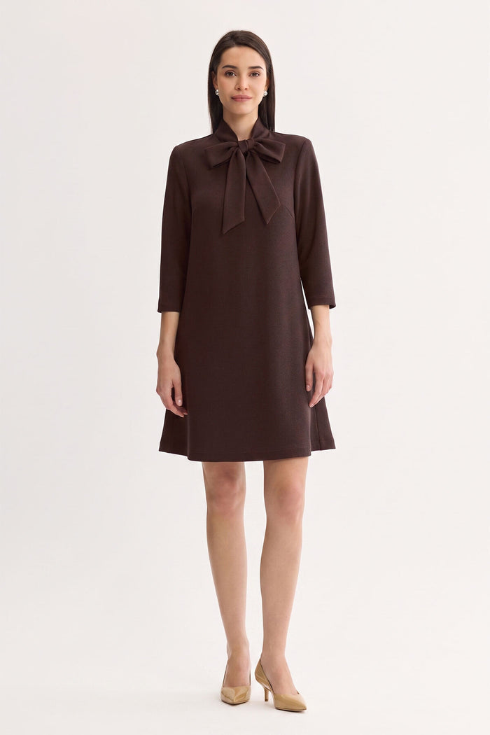 Stretch Deco Crepe Tie-Neck Tent Dress, Dark Umber, Dark Umber | Ming Wang