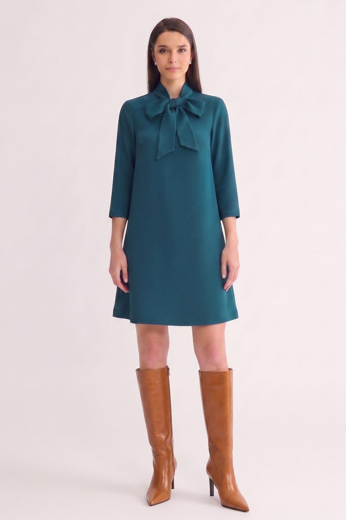Stretch Deco Crepe Tie-Neck Tent Dress, Deep Teal, Deep Teal | Ming Wang