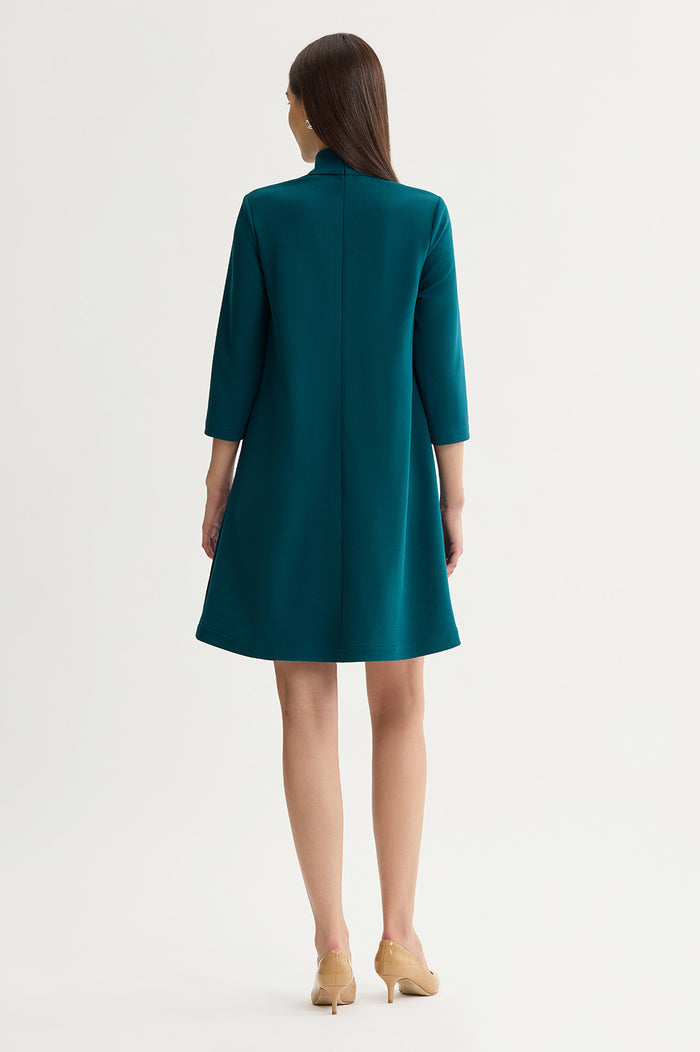 Stretch Deco Crepe Tie-Neck Tent Dress, Deep Teal, Deep Teal | Ming Wang
