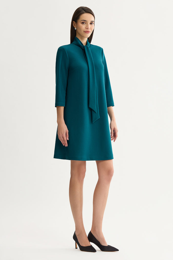 Stretch Deco Crepe Tie-Neck Tent Dress, Deep Teal, Deep Teal | Ming Wang