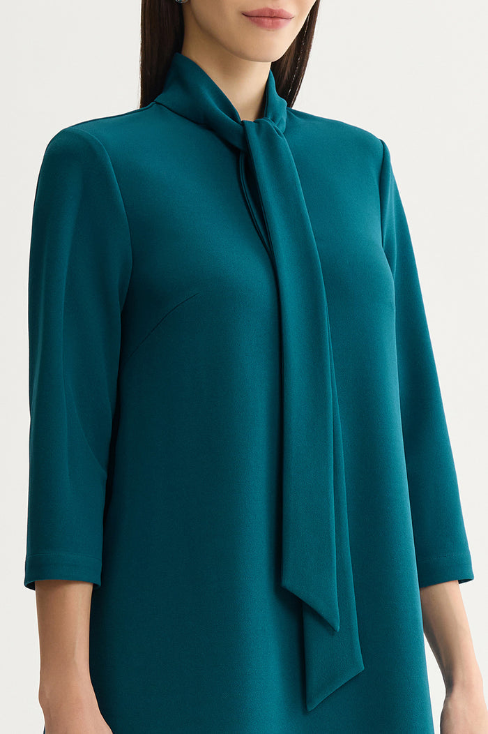 Stretch Deco Crepe Tie-Neck Tent Dress, Deep Teal, Deep Teal | Ming Wang