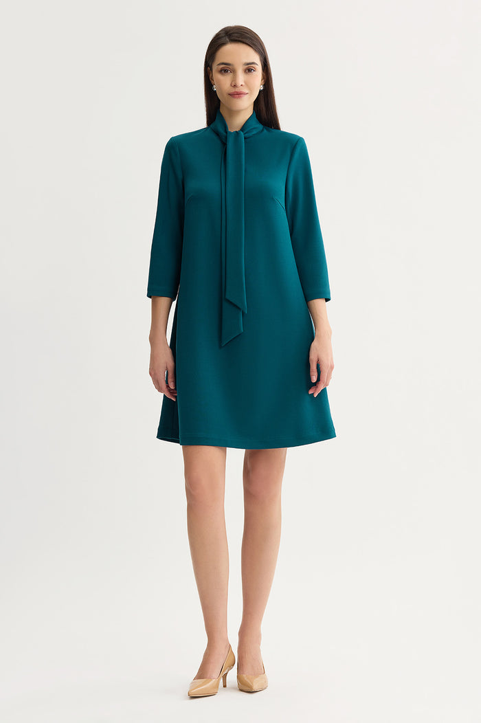 Stretch Deco Crepe Tie-Neck Tent Dress, Deep Teal, Deep Teal | Ming Wang