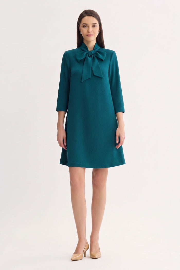 Stretch Deco Crepe Tie-Neck Tent Dress, Deep Teal, Deep Teal | Ming Wang
