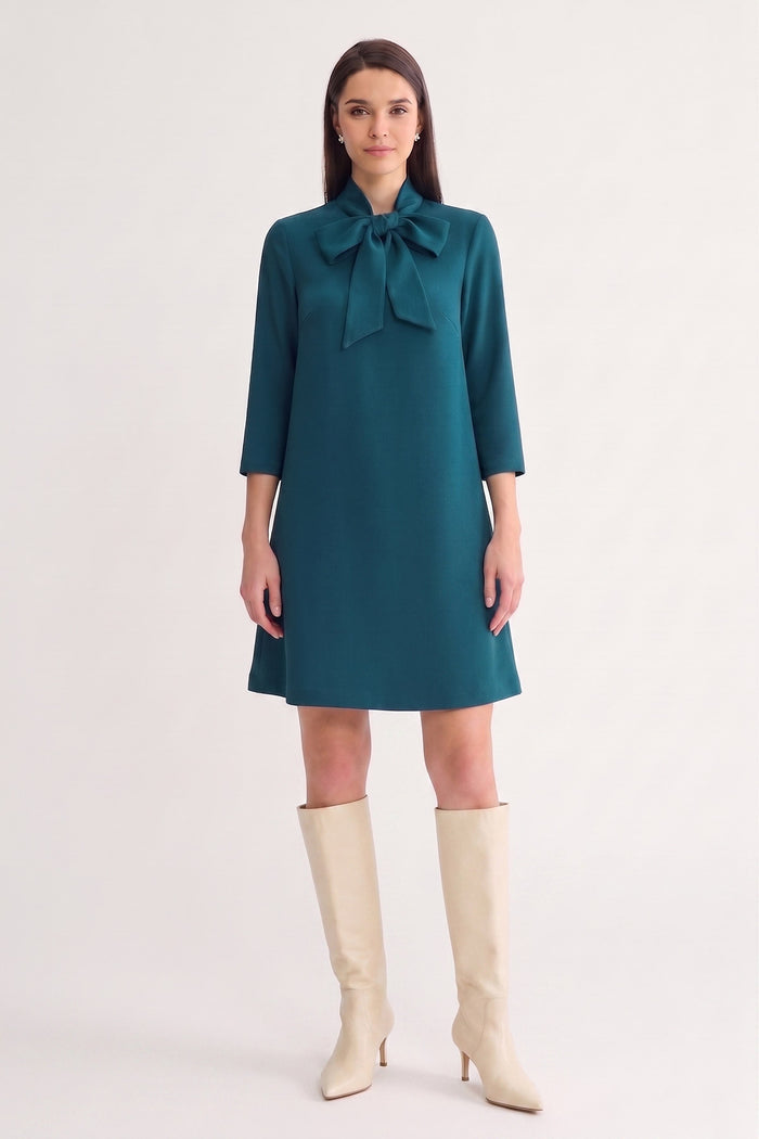 Stretch Deco Crepe Tie-Neck Tent Dress, Deep Teal, Deep Teal | Ming Wang