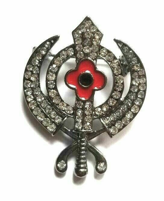 Stunning diamonte black gun metal sikh khandapoppy singh kaur khalsa brooch pin