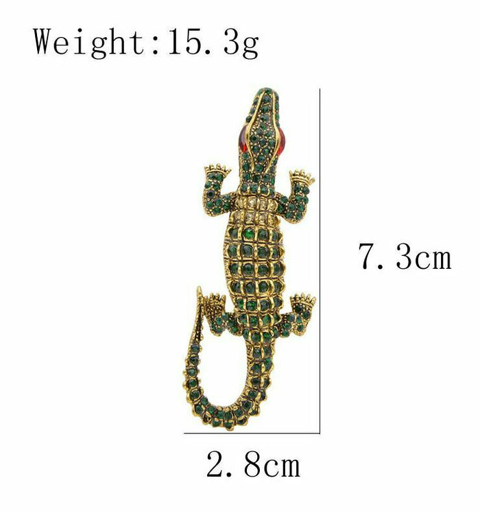 Stunning Vintage Look Gold Plated Green Crocodile Design Brooch Broach Pin B47