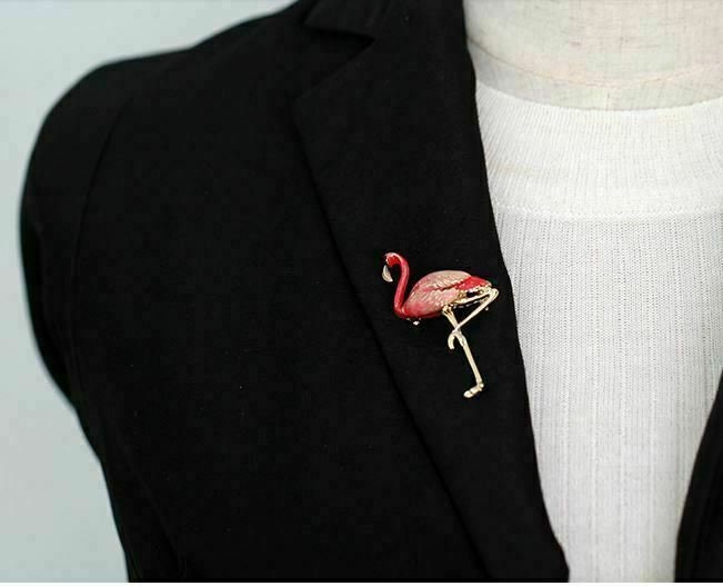 Stunning vintage look gold plated pink enamel big flamingo brooch broach pin b61