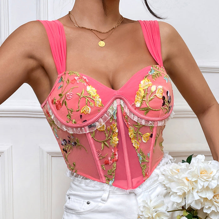 Summer Cross-border  Style Embroidered Lace Ruffled Sexy V-neck Wide Strap Boned Bra