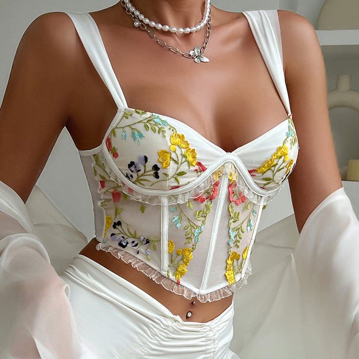 Summer Cross-border  Style Embroidered Lace Ruffled Sexy V-neck Wide Strap Boned Bra