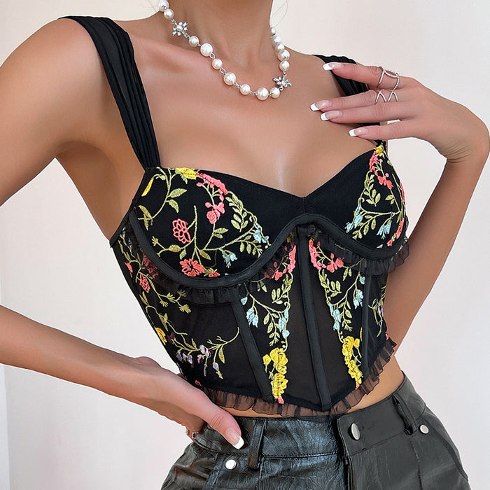 Summer Cross-border  Style Embroidered Lace Ruffled Sexy V-neck Wide Strap Boned Bra