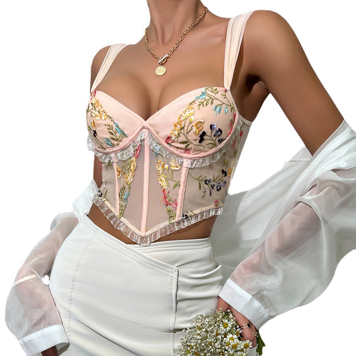 Summer Cross-border  Style Embroidered Lace Ruffled Sexy V-neck Wide Strap Boned Bra