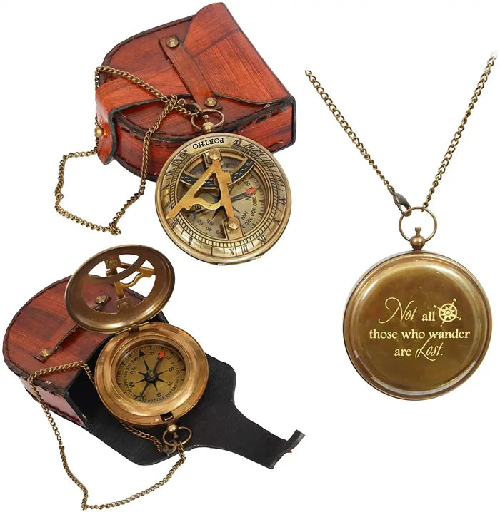 Engraved Sundial Compass with Leather case - Traveler Gift - Inspirational Gift - Adventurer Gift - Wedding Gift - Baptism Gift - Gift for him