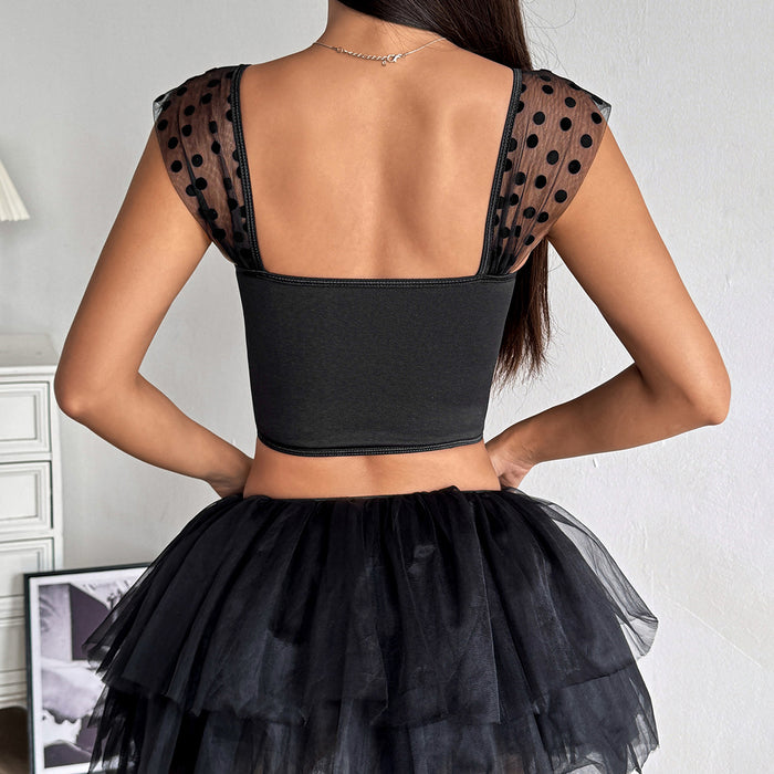 Sweet Polka Dot Mesh Pleated Backless Top Versatile Fitted Elastic Strapless Top