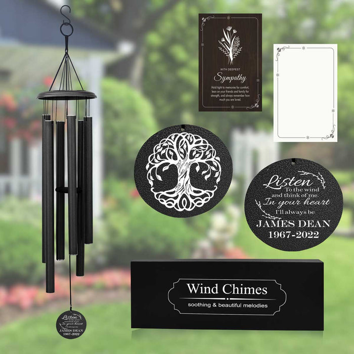 A personalized memorial wind chime with a tree of life design, alongside a customized message board, a tag with a quote, and a display box.