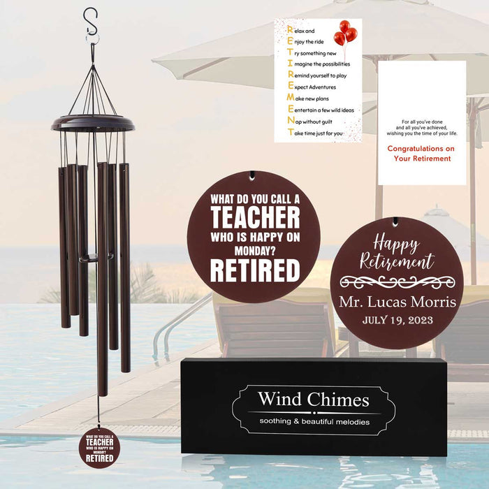 Personalized Teacher Retirement Wind Chime with gift card, and two round ornaments