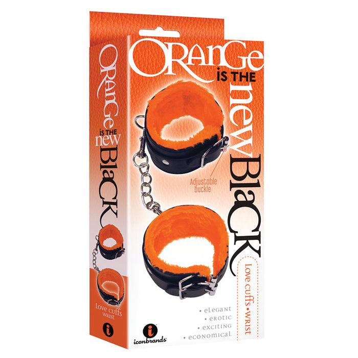 Product packaging of 'Orange is the New Black' love cuffs with orange and black design.