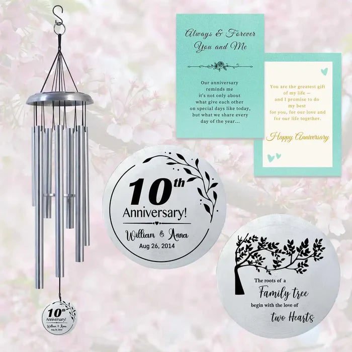 Silver-Colored Tin Anniversary Wind Chime – Custom Engraved Gift for Him & Her with Gift Card