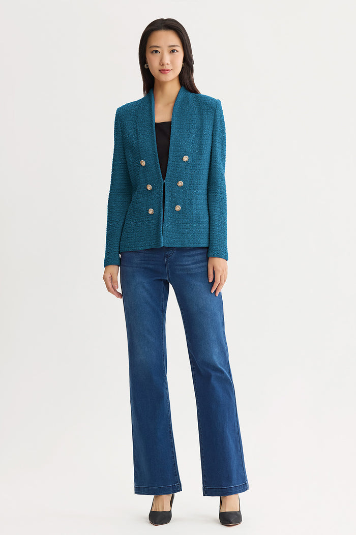 Tonal Eyelash Tweed Knit Jacket, Deep Teal, Deep Teal | Ming Wang
