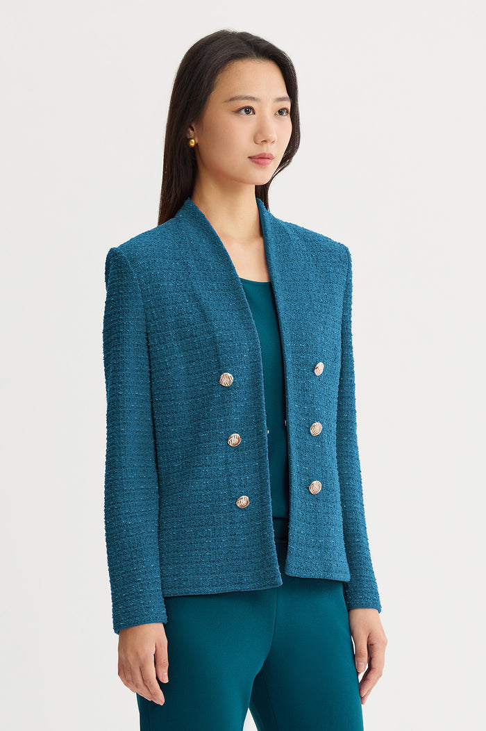 Tonal Eyelash Tweed Knit Jacket, Deep Teal, Deep Teal | Ming Wang