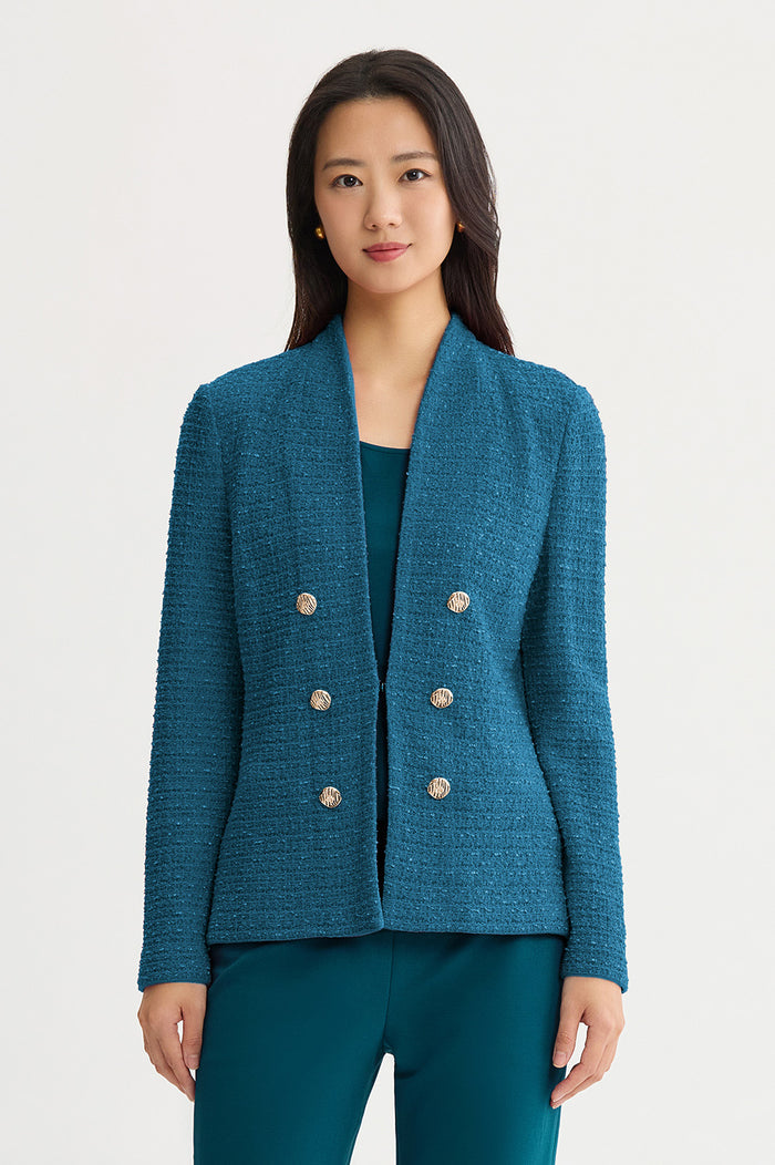 Tonal Eyelash Tweed Knit Jacket, Deep Teal, Deep Teal | Ming Wang