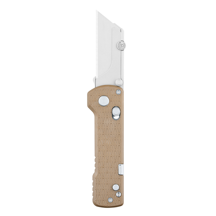 Folding knife with a beige handle on a white background