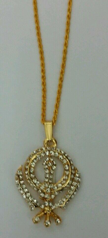 UNISEX Small Stunning Rhinestones Gold Plated Punjabi Hindu Sikh Khanda Pendant