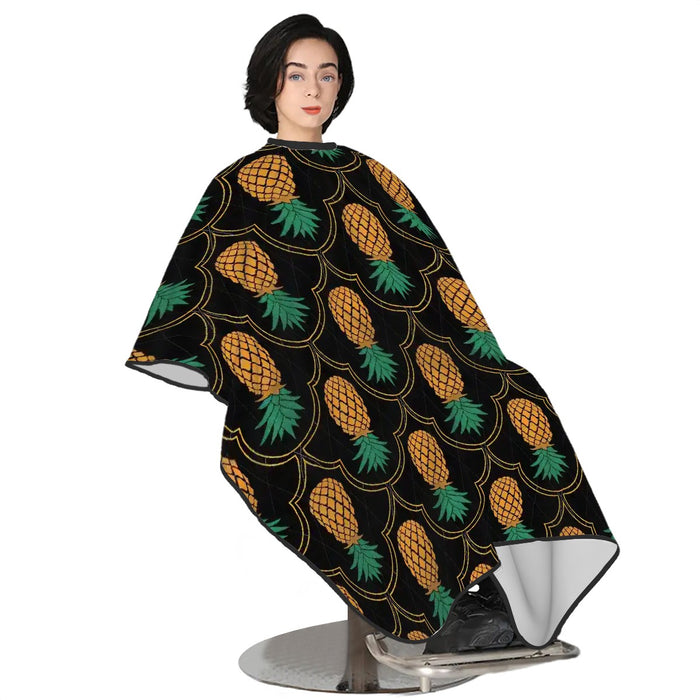 Wicked Lifestyles, Wicked Lifestyles blog, Swinger hair cutting cape, swinger cape, swinger hair designer cape. Shows a woman wearing an upside down pineapple hair cutting cape in a barber chair.
