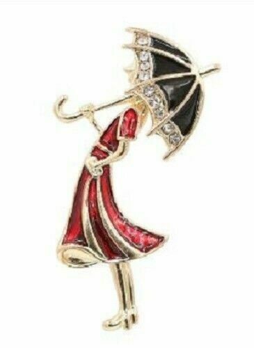 Vintage Look Brooch Gold Plated Red Lady Umbrella Coat Pin Wedding Jewellery U1