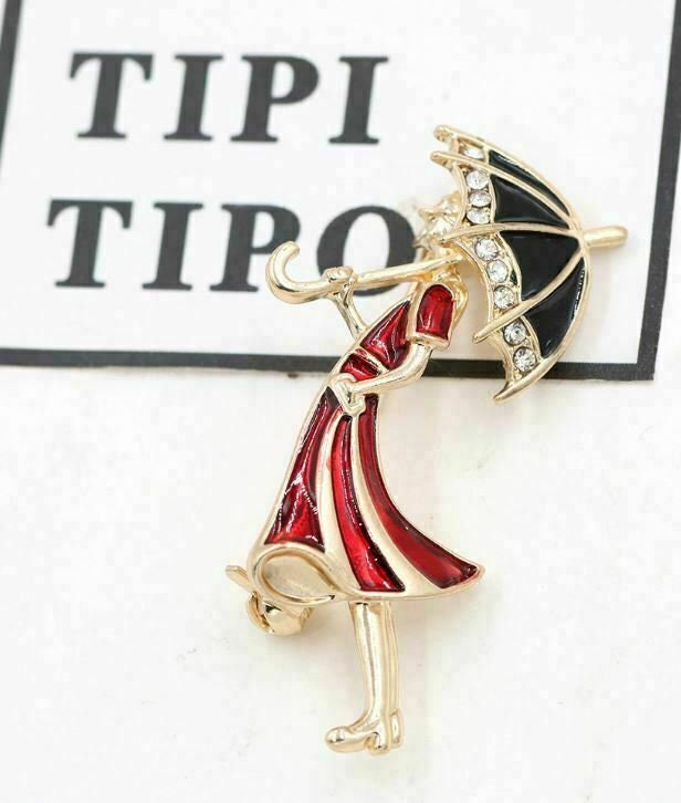 Vintage Look Brooch Gold Plated Red Lady Umbrella Coat Pin Wedding Jewellery U1