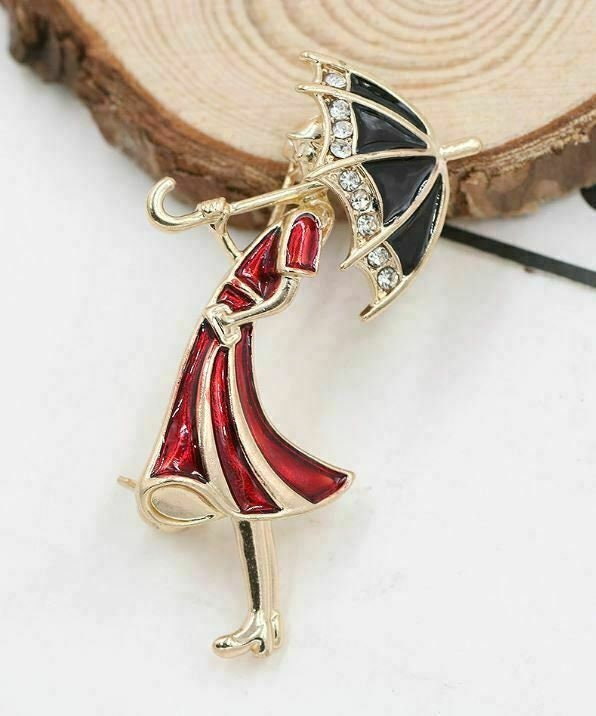 Vintage Look Brooch Gold Plated Red Lady Umbrella Coat Pin Wedding Jewellery U1