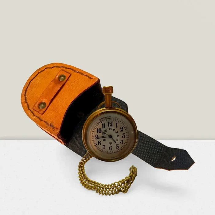 Classic brass pocket watch and chain with leather case
