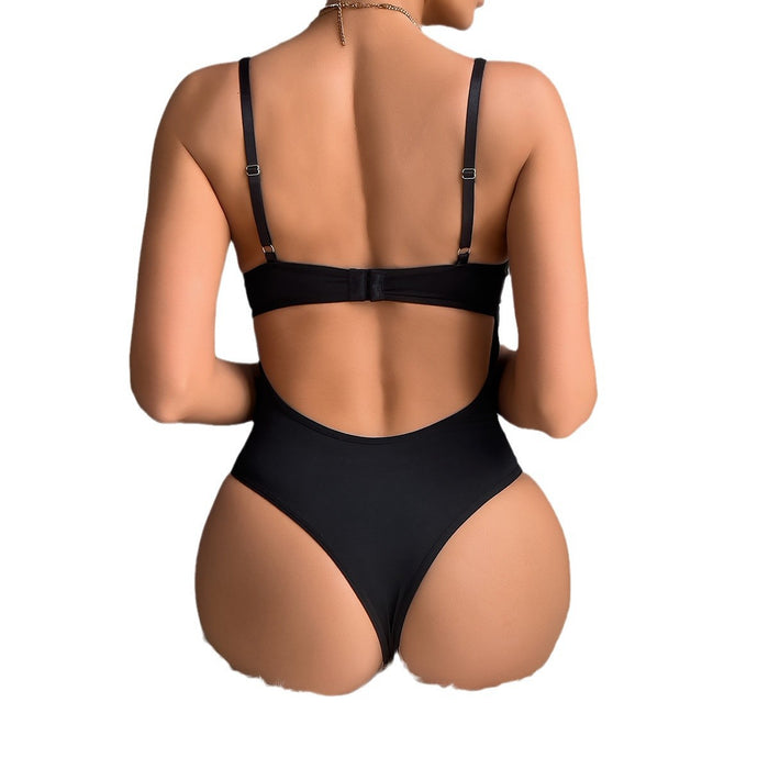 Vintage Print Mesh and PU Leather Cross-Tie Bow Fitted Jumpsuit Irregular Strap