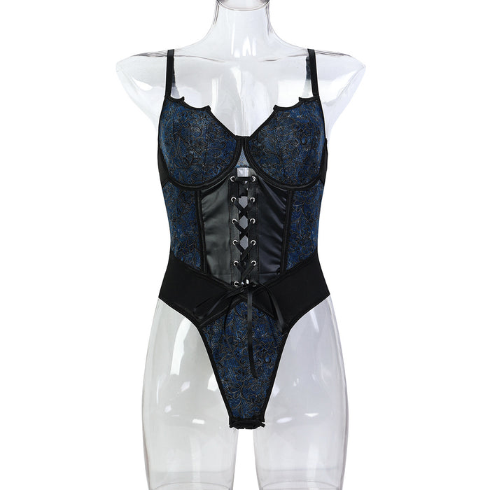Vintage Print Mesh and PU Leather Cross-Tie Bow Fitted Jumpsuit Irregular Strap