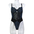 Vintage Print Mesh and PU Leather Cross-Tie Bow Fitted Jumpsuit Irregular Strap
