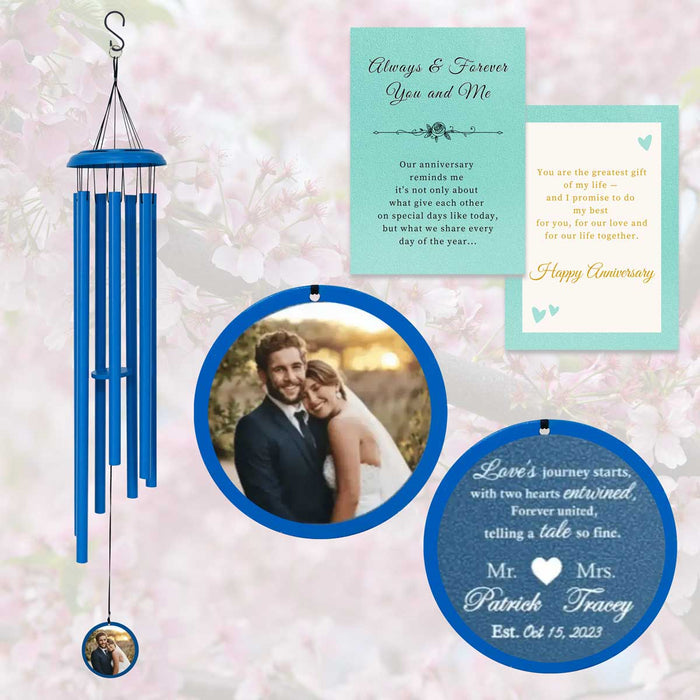 Blue Wedding Wind Chime with Photo & Date Engraved