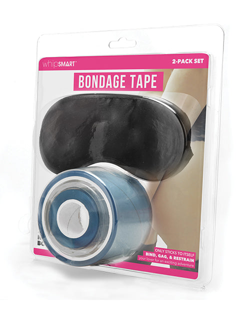 Packaged set of bondage tape with eye mask on a white background