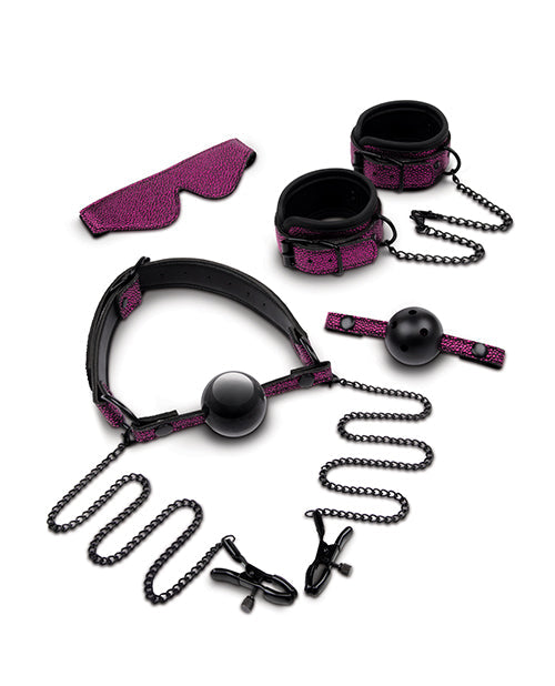 Collection of black and purple bondage accessories on a white background
