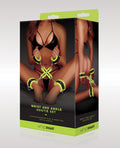 Product packaging for a 'Wrist and Ankle Hogtie Set' by whipSMART with a model wearing black lingerie.