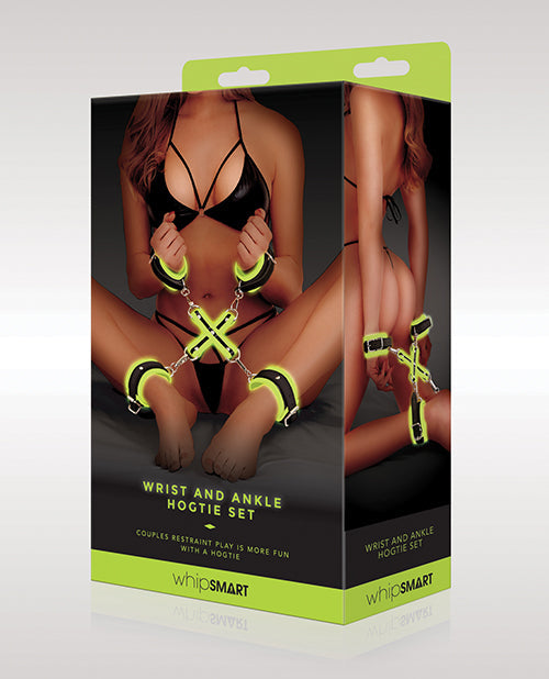 Product packaging for a 'Wrist and Ankle Hogtie Set' by whipSMART with a model wearing black lingerie.