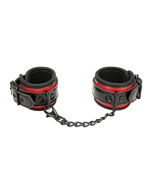 Black and red wrist cuffs with chain on a white background