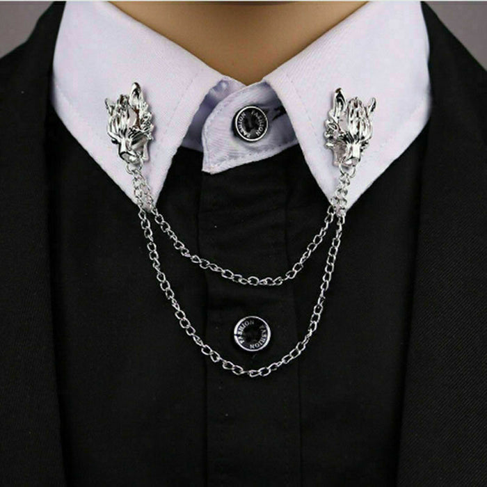Wolf Collar Chain Brooch Silver Plated Lapel Cross Pin Vintage Style Z30 Unisex Design