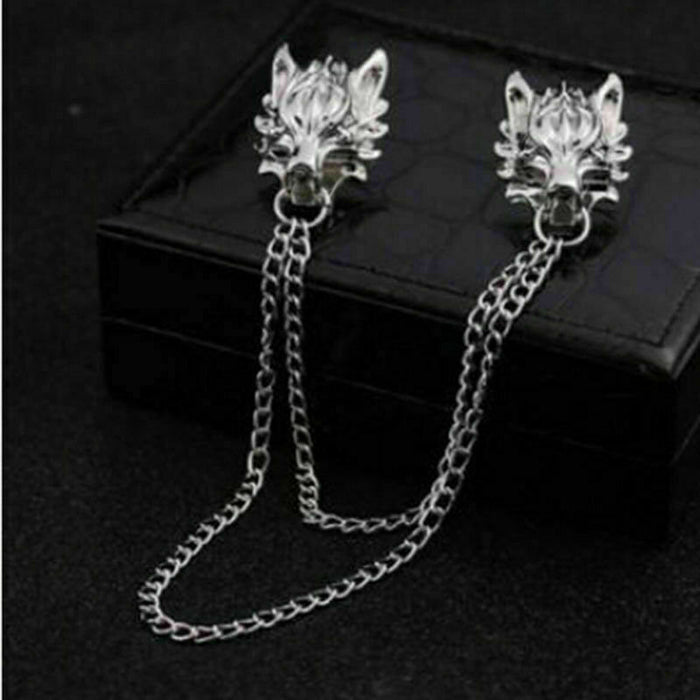 Wolf Collar Chain Brooch Silver Plated Lapel Cross Pin Vintage Style Z30 Unisex Design