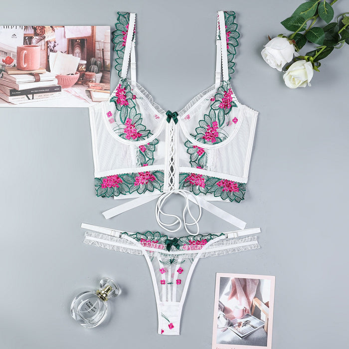 Women's Embroidered Floral Splicing Strap Crossed Complex Lingerie 2-Piece Set